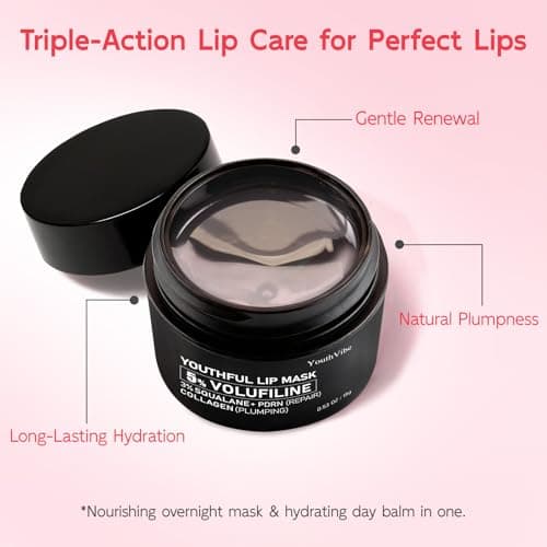YouthVibe Lip Mask Overnight Moisturizing - Nourish & Hydrate, Antioxidants, 5% Volufiline, Vitamin E, Shea Butter, PDRN & Collagen Sleeping Lip Treatment for Dry, Chapped Lips - Thumbnail 2