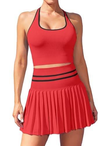 ATTRACO Tennis Skirts for Women 2 Piece Set Golf Outfits Seamless Active Wear Dress Red M - Image 1