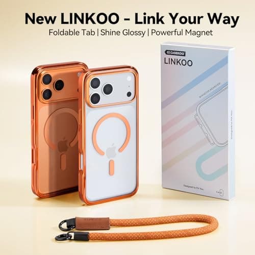 CASEKOO Linkoo 1st Magnetic iPhone 17 Pro Max Phone Case with Strap, Built-in Foldable Hidden Tab, Anti-Fall Lanyard, Aluminum Alloy Lens Protection, Tether Case, Hiking Daily Commute, Glossy Orange - Thumbnail 4