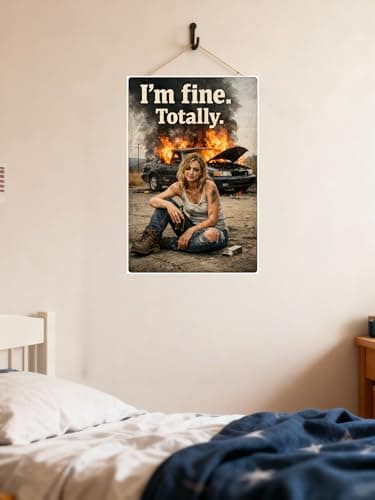 I'm Fine. Totally. Metal Sign - 8x12 Inch Vintage Tin Plaque with Humorous Girl & Burning Car Art, Perfect for Home or Office Decor, Pre-Drilled Holes for Easy Hanging - Thumbnail 3