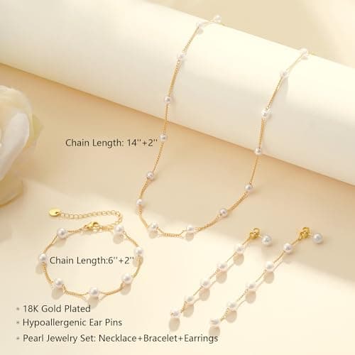 Fezodo Gold Jewelry Set for Women, Dainty 18K Gold Pearl Necklace and Earring Set With Pearl Earrings Bracelet Wedding Jewelry Sets for Bride, Bridal Prom Pearls Jewelry - Thumbnail 6