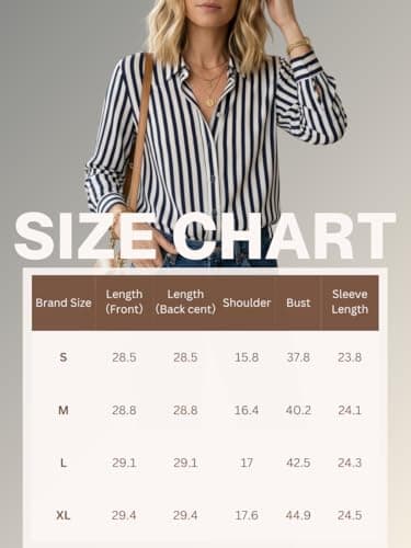 Women’s Long Sleeve Button Down Shirt, Classic Striped Blouse with Pearl Buttons, Casual & Dressy Tops for Women, Comfortable Polyester Blouse for Work & Everyday Wear (Navy)-XL - Thumbnail 6