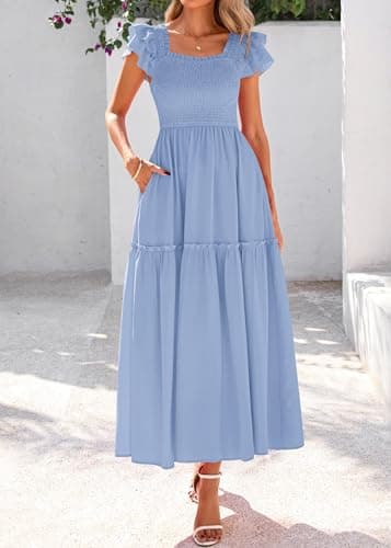 KIRUNDO Smocked Summer Dresses for Women 2026 Wedding Guest Midi Flowy Ruffle Short Sleeve Square Neck Tiered Sundress(Baby Blue, Medium) - Thumbnail 3
