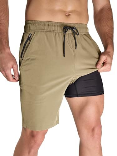 Arcweg Men's Swim Trunks with Compression Liner and Zipper Pockets Quick Dry Bathing Suit Board Swimming Shorts Light Khaki - Image 1