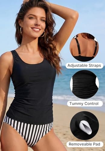 Trifabricy Tankini Swimsuits for Women - Two Piece Ruched Tummy Control Bathing Suits Adjustable Straps Women's Tankinis Swimsuit with Bikini Bottoms Black, X-Large - Thumbnail 5