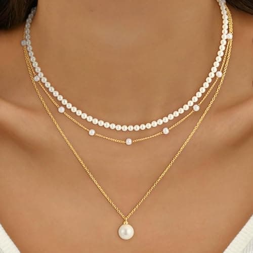 Fezodo Gold Layered Pearl Necklaces for Women, Dainty Pearls Necklace Trendy Pearl Choker Stack Cute Pearls Wedding Bridesmaid Bride Jewelry Gold Necklace for Women Jewelry Gifts - Thumbnail 4
