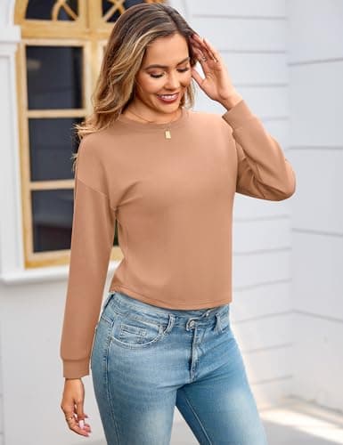 Totatuit Women Cute Crop Long Sleeve T Shirts Casual Loose Drop Shoulder Crewneck Sweatshirts for Workout Hiking Basic Tee Peachy Pink XX-Large - Thumbnail 4