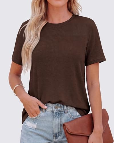KIRUNDO Womens Tops Summer Short Sleeve T-Shirts Casual Crewneck Knit Plain Basic Tees Top Going Out Outfits Fashion Clothing(Brown, XX-Large) - Thumbnail 2