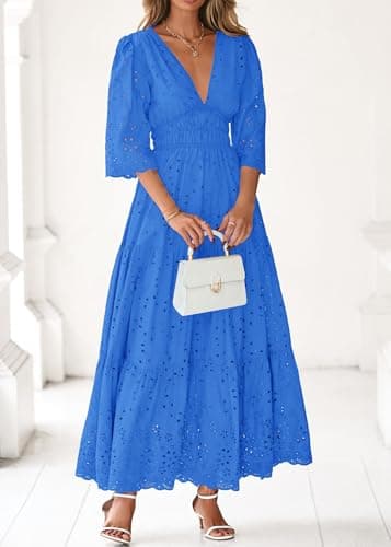 Lazysmile Long Sleeve Dresses for Women V Neck Hollow Out Eyelet Ruffle Swing A-Line Fall Vacation Boho Maxi Dress Dark Royal Blue - Thumbnail 3