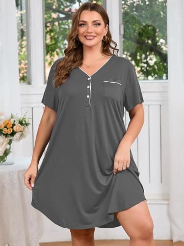 AusLook Plus Size Gray Nightgown for Women Midi Sleep 5X Dress Short Sleeve V Neck Loose Fit Lounge House Dress Soft Casual Night Dress - Thumbnail 2
