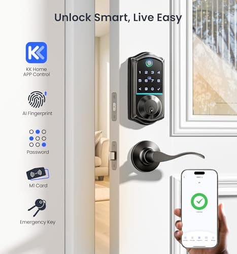 Veise VE017-L Fingerprint Smart Lock with Lever Handles, App Control, Keyless Entry Front Door Lock Set, Electronic Digital Keypad Deadbolt, Remote Grant, Emergency Power Port, Auto Lock, Matte Black - Thumbnail 2