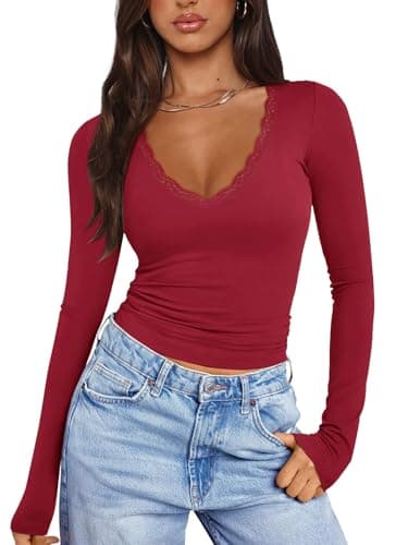 PINKMSTYLE Women's Fall Shirts Basic V Neck Long Sleeve Double Layering Tight Sexy Lace Teen Girls Tops Office Clothing Red Medium - Image 1