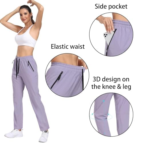 Hiking Pants Women Water Resistant Quick Dry Lightweight Sweatpants Zipper Pockets Elastic Waist Drawstring UPF 50+ Casual Athletic Lounge Travel Purple M - Thumbnail 4