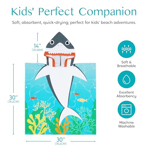 Joiedomi Kids Beach Towels with Hood for 3-10 Years Boys Girls Shark Hooded Toddler Bath Towel Poncho Absorbent Quick Dry Soft Microfiber Swim Robe with Backpack Lightweight 30"x30" for Beach Pool - Thumbnail 6