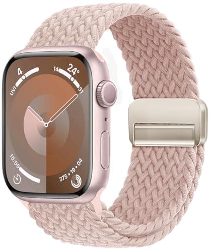 OMECKY Magnetic Braided Loop Band Compatible with Apple Watch Series 11 10 42mm 9 8 7 6 5 4 40mm 41mm for Women Men, Stretchy Nylon Elastic Sport Strap for iWatch SE 1/2/3, Sand Pink-Star Buckle