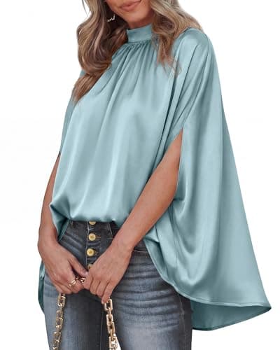 BTFBM Womens Summer Tops 2026 Mock Neck Batwing Sleeve Silk Satin Shirts Loose Oversized Dressy Casual Spring Blouses(Light Blue, Medium) - Image 1
