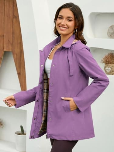 MODERN BUBBLE Womens Long Hooded Rain Jacket Waterproof Outdoor Hiking Raincoat Windbreaker Lightweight Trench Coat (US, Alpha, X-Large, Regular, Regular, Light-Purple) - Thumbnail 3