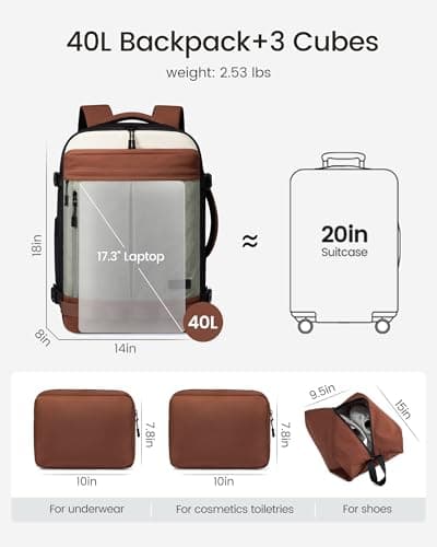 LOVEVOOK 40L Travel Backpack for Women Men, Airline Approved Carry On Luggage with 3 Cubes Accessories, TSA Personal Item Travel Cruise Essentials, Waterproof Weekender Overnight Bags fits 17" Laptop - Thumbnail 5