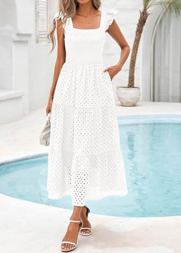 Lazysmile Womens Summer Maxi Dress Square Neck Ruffle Cap Sleeve Hollow Out Eyelet Smocked Tiered A Line Boho Sundress White - Thumbnail 4