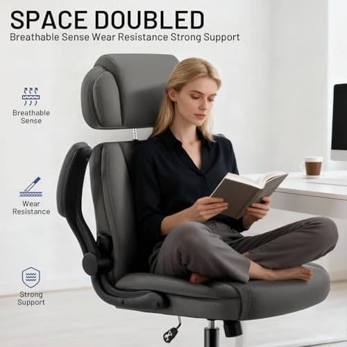 AreShark Ergonomic Office Chair with Lumbar Support, 400lbs Heavy Duty Big and Tall Executive Desk Chair, PU Leather High Back Computer Chair with Flip-Up Arms & Adjustable Headrest, Gray - Thumbnail 4