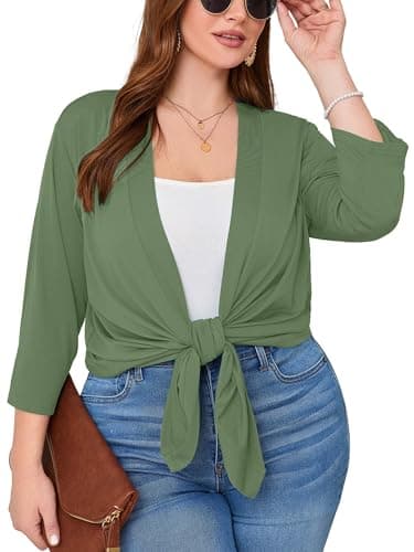 AusLook Women's Plus Size Lightweight Open Front Cardigan Army Green 1X Causal 3/4 Sleeve Cover Ups Shrugs Tops Shawls and Wraps Kimono Jacket Coat - Thumbnail 2