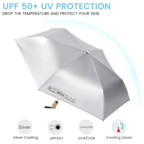 G4Free UPF 50+ UV Protection Travel Umbrella with Wooden Handle, 42 Inch Lightweight Sun Rain Folding Umbrellas Auto Open Close (Sky) - Thumbnail 2