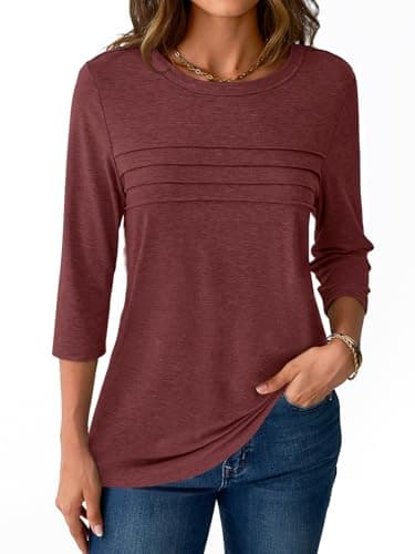NORACORA Womens 3/4 Sleeve Tops Spring Summer Round Neck Dressy Shirts Tunic Pleated Tees Business Casual T-Shirts Fall Goning Out Outfits Wine Red L - Thumbnail 4