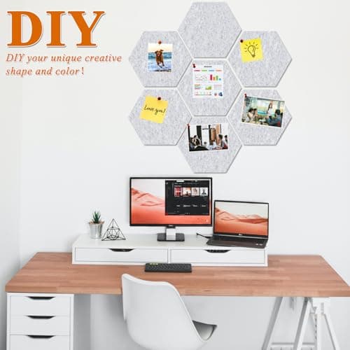 HULAVO Large Hexagon Felt Cork Board Tiles, Self Adhesive DIY Felt Bulletin Board Pin Board with 35 Pushpins for Office School Home Wall Decor Stickers Memos Photos Display(Light Grey) - Thumbnail 3