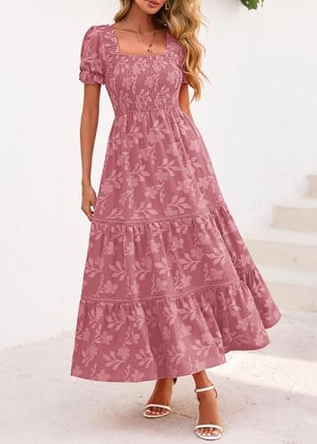 Lazysmile Women's Summer Boho Floral Maxi Dress Short Sleeve Square Neck Smocked Ruffle Elegant Wedding Guest Dress Pink - Thumbnail 5