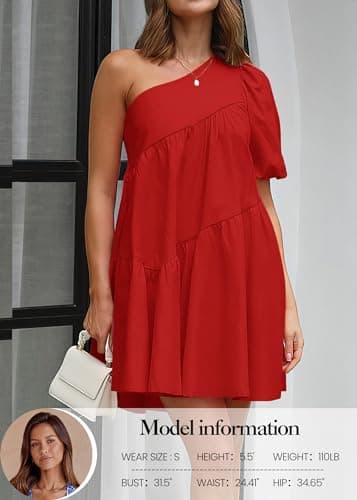 KIRUNDO Summer One Shoulder Mini Baby Doll Dresses Women 2026 Casual Puff Sleeve Loose Tiered A Line Flowy Short Dress(Red, XX-Large) - Thumbnail 4