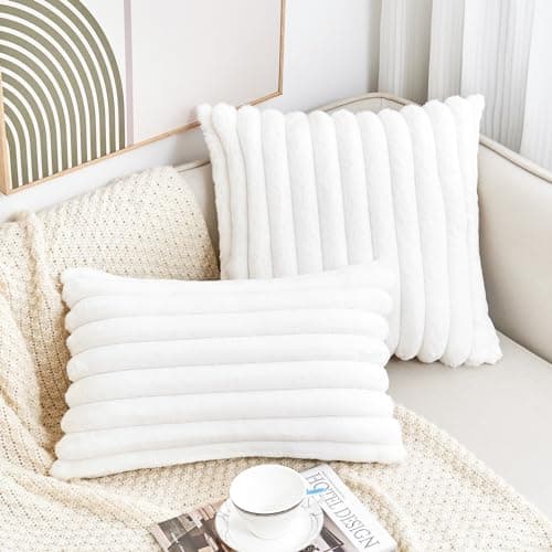 GriNeed Throw Pillow Covers Decorative Faux Fur Set of 2 12x20 Inch Pillow Covers, Soft Cream White Lumbar Plush Striped Pillowcases for Couch Sofa Bed Living Room, Fluffy Cute Home Boho Accent Decor - Thumbnail 5