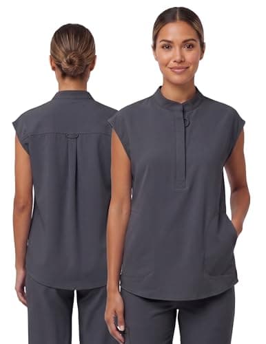 VECARDI Women's Scrub Top Zip Front Stretch Short Sleeve Nurse Uniform Shirt with Pockets Badge Loop Grey - Thumbnail 2
