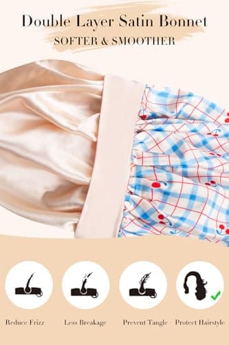 Vettres Hair Bonnet for Sleeping Satin Lined Sleep Cap Double Layer Silk Head Wrap for Curly Natural Hair Cherry Blue - Thumbnail 5