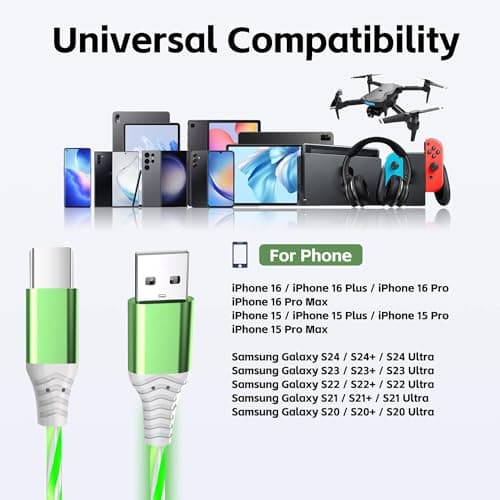 ComfyBay 6.6FT USB C Charging Cable, Flowing Light Up Charger Cord, Compatible with Samsung Galaxy, iPhone 16/15, iPad, and More (Green) - Thumbnail 6