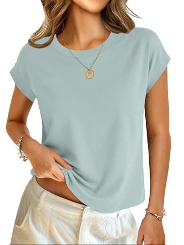 GKBK Cotton Cap Sleeve Womens Tops Crop High Neck Short Sleeve Summer Cute Casual Shirts Boxy Spring Clothing Outfits Dusty Green - Image 1