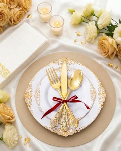 Ciaell 300PCS White and Gold Plastic Plates - Gold Disposable Dinnerware Sets for 50 Guests - 100 Plates, 50 Knives, 50 Forks, 50 Spoons, and 50 Napkins for Wedding, Anniversary, Party - Thumbnail 4