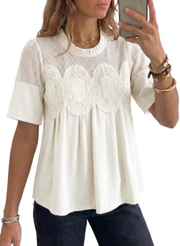 Dokotoo Women's Lace Flared Short Sleeve Blouse Lace Ruffle Mesh Crew Neck Swing Babydoll Tops Elegant Loose Shirts Textured Embroidered Shirts White Small - Image 1