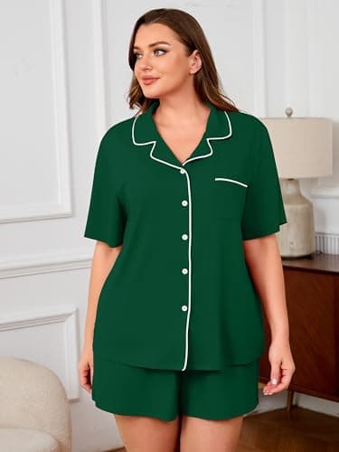 AusLook Plus Size Green Pajama Set for Women Short Sleeve Button Down Sleepwear 2 Piece Loungewear with Pockets Notch Collar Drawstring Pajama Shorts Soft Comfy PJ 1X Set - Thumbnail 4