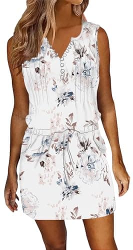 ETCYY Womens Summer Casual Dresses Sleeveless Beach Vacation Sundresses Drawstring Waist Short Striped Dress with Pockets,Floral White,X-Large - Image 1