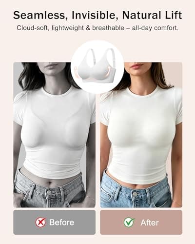 leviace Wireless Jelly Bras for Women with Support - Anti-Slip Wide Straps Push Up Full Coverage Plunge Seamless Padded T-Shirt Bralette No Underwire Soft Invisible Back Smoothing Sleep Bra, White, S - Thumbnail 5