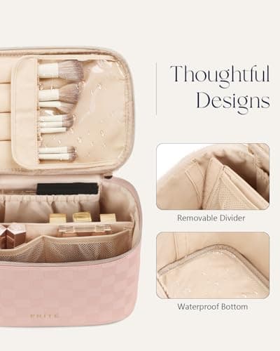 Prite Makeup Bag, Large Capacity Portable Travel Cosmetic Bag, Waterproof Makeup Organizer for Women with Handle and Divider (001 Checkered Pink) - Thumbnail 4