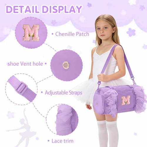 Gitus Birthday Gifts for Girls Age 4-8 Personalized Dance Bag Duffle Bags with Initial Letter Patch Ballets Bag for Girls Mini Travel Tote (Lavender-M) - Thumbnail 4