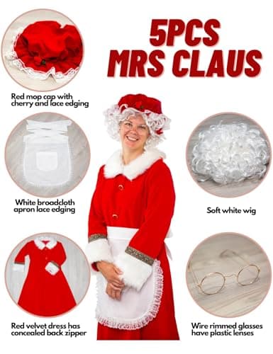 Kofero Mrs. Claus Costume for Women Plus Size Outfit Christmas Adult Santa Dress with Apron Wig and Glasses for Cosplay Party - Thumbnail 4
