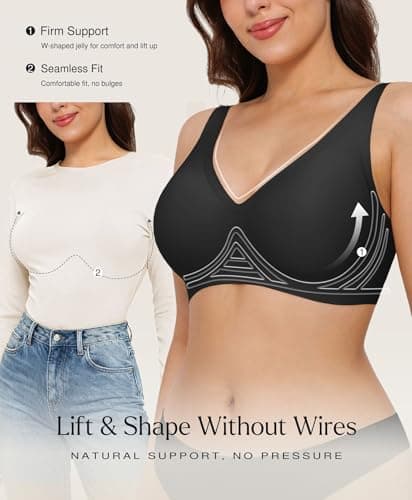 Wireless Push Up Bra Womens Bras Full Support Comfy Seamless Bralettes No Underwire Comfortable Tshirt Deep V Bra Black - Thumbnail 2