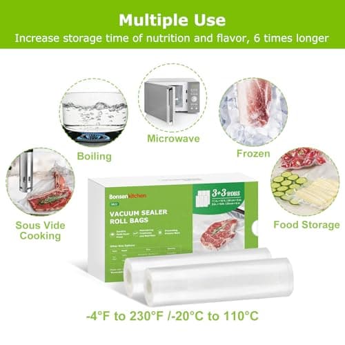 Bonsenkitchen 3 Rolls 11" x 16' + 3 Rolls 8" x 16' Vacuum Sealer Bags for Food with a Color Box, Easy to Store, Commercial Grade, BPA Free, Great for Food Storage or Sous Vide, VB22 - Thumbnail 6