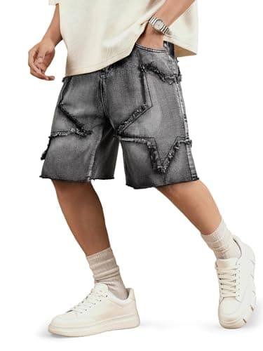 JMIERR Baggy Jeans Shorts for Men Oversized Fit Knee-Length Wide Leg Jorts Y2K Vintage Streetwear Denim Shorts with Star Patches, Gray, X-Small - Image 1