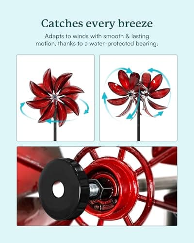 Cyan Oasis Wind Spinners Outdoor - Red Metal Windmill with Stake for Yard and Garden, Kinetic Wind Sculptures & Spinners, Gift Decor Ideas for Garden Lovers (12" W x 70" H) - Thumbnail 3
