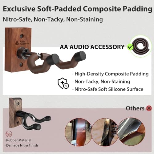 AA AUDIO ACCESSORY Guitar Wall Mount Nitro-Safe Soft Padded Hook, Auto Adjustable Angle Guitar Hanger, Wood Guitar Wall Hangers U-Shape Holder for Bass Acoustic Electric Guitar Mandolin Banjo Ukulele - Thumbnail 2