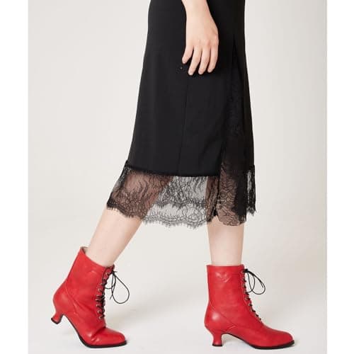 Yremael Women's Victorian Ankle Boots - Mid Calf, Round Toe, Chunky Heel, Lace Up Witch & Knight Boots in Red - Thumbnail 3