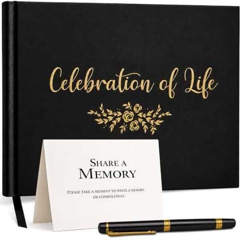 Funeral Guest Book for Celebration of Life Memorial Service - Pen Included - Memory Book for Funeral Guests - Table Sign & Back Pocket - 300 Entries, Gold Foil, 9x7 Inches